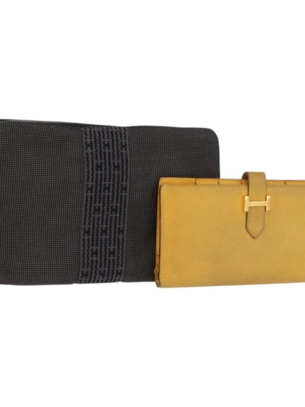 HERMES Wallet Leather Canvas 2 Set Gray Yellow Auth bs32953